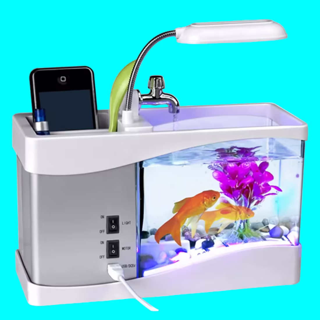 Mini Aquarium Perpetual Calendar Alarm Clock with USB Flowing Lights – LED Desk Fish Tank