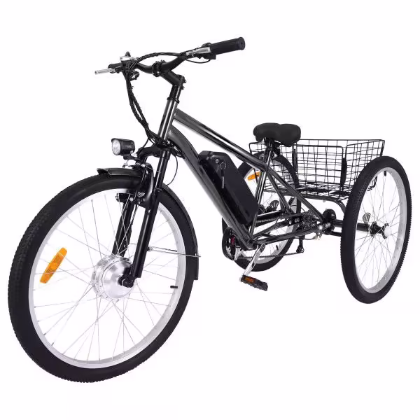 26 Inch Adult 3 Wheel Electric Tricycle with Basket, Fat Tires,7 Speeds,350W Powerful Motor, 36V 10Ah Removable Battery Dark Gray