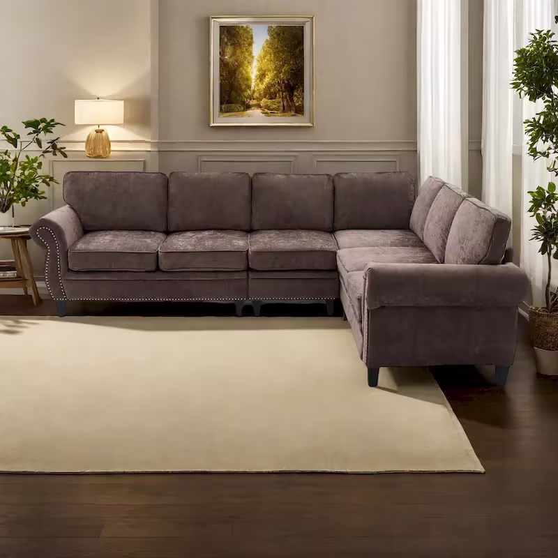 109.5-Inch Chenille L-Shaped Sectional Sofa for 6 with Rivet-Embellished Rolled Armrests, Cushions, and Sturdy Wood Frame
