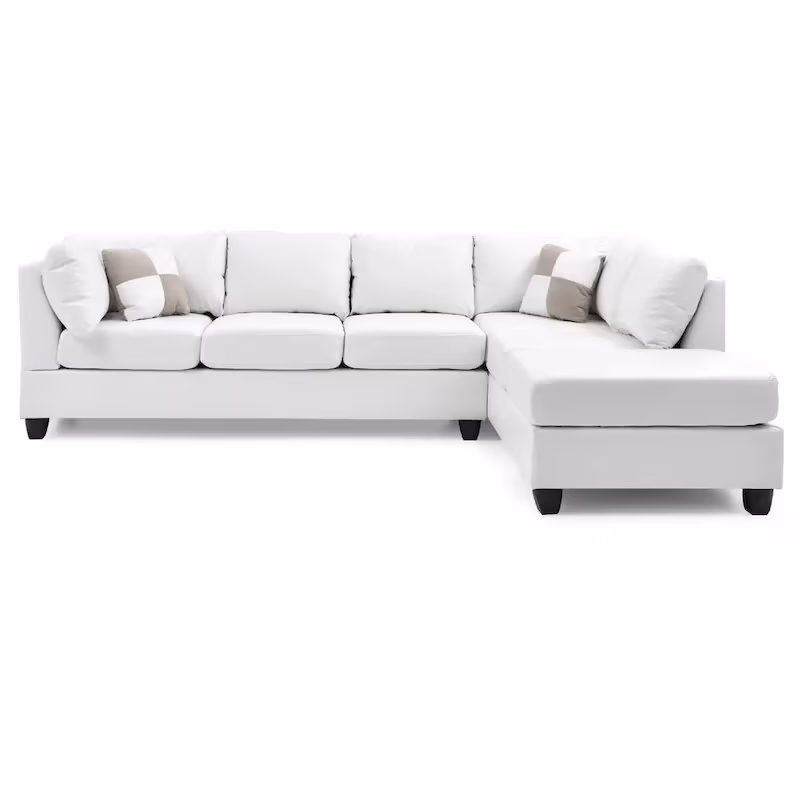 111 White Reversible Faux Leather 4-Seater Sectional Sofa with Throw Pillows