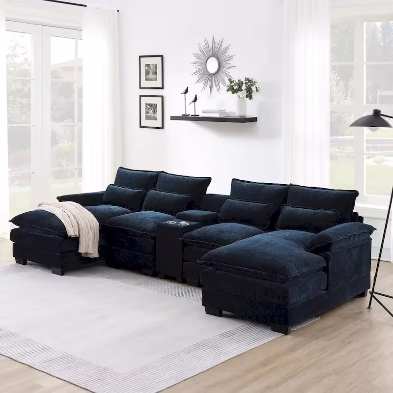 123*55 Contemporary U-Shaped Sofa with Console, Cup Holders, USB Ports, Upholstered Sleeper Couch Set with Chaise