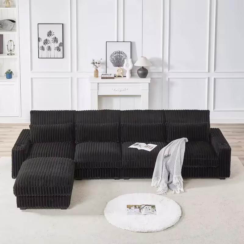126W Large L-Shaped Corduroy Sofa with USB Charging Port