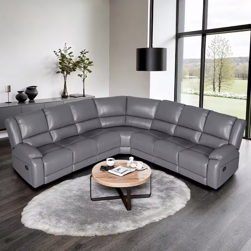 129W 7-Seat Faux Leather Manual Reclining Large Sectional Sofa