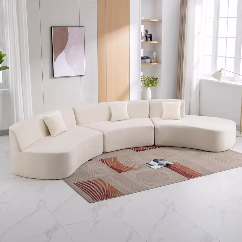 136-Inch Elegant Curved Chenille Sectional Sofa with Three Throw Pillows for Living Room