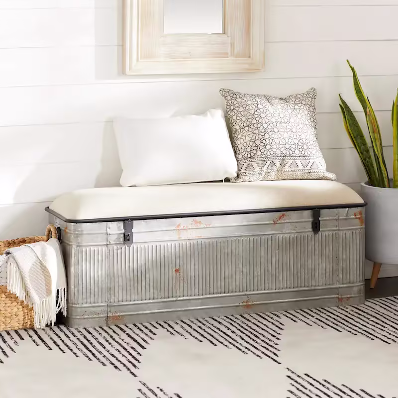 18-Inch Grey Metal Upholstered Bench