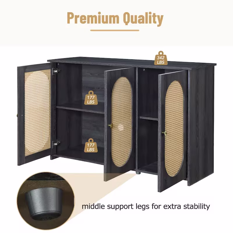 3-Door Buffet Cabinet with Faux Rattan Doors, Shelving, and Metal Handles - Ideal Coffee Bar Sideboard