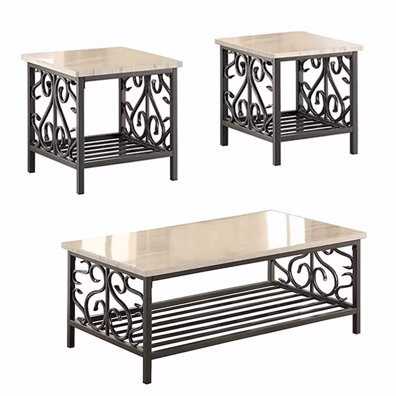 3-Piece Cream and Gray Faux Marble Table Set with Stylish Metal Frame