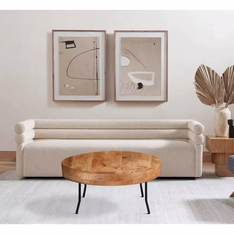 32-Inch Round Coffee Table with Handcrafted Mango Wood Top and Black Metal Angled Legs