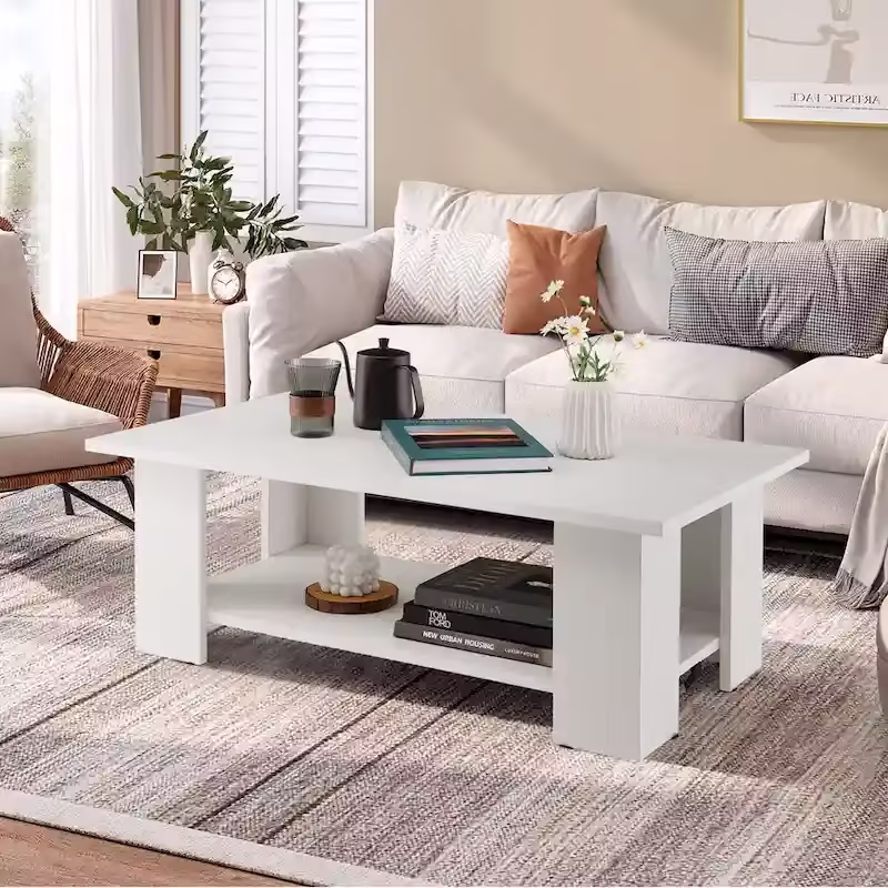 36-Inch Modern Wood Coffee Table with 2-Tier Storage Shelf