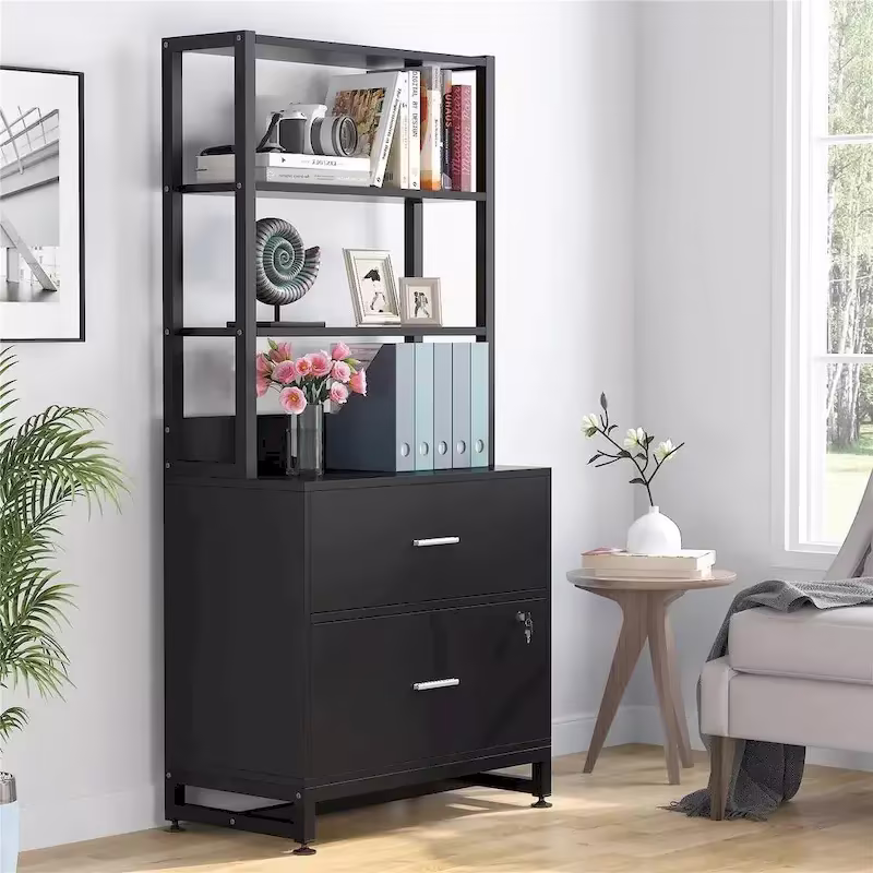 4-Tier Tall File Cabinet in Brown/Black with Lock - Versatile Shelf Unit for Storage and Organization