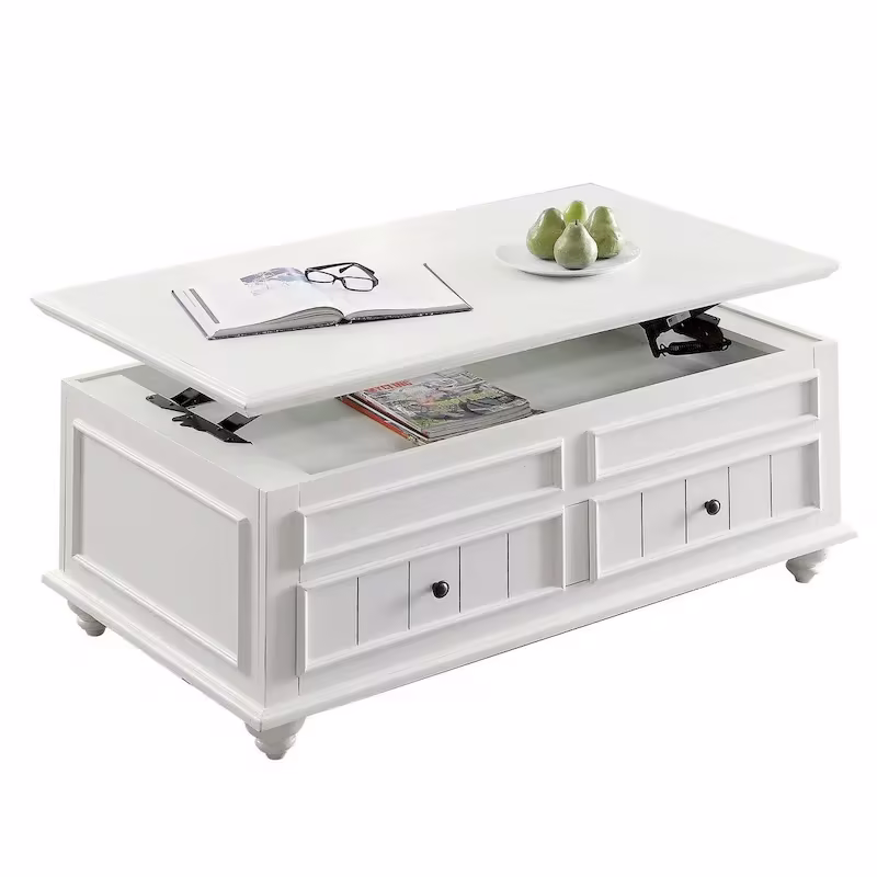 48-Inch Lift-Top Coffee Table with 2 Drawers in White Poplar Wood