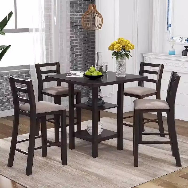 5-Piece Wooden Counter Height Dining Set with Cushioned Chairs and Storage Shelves