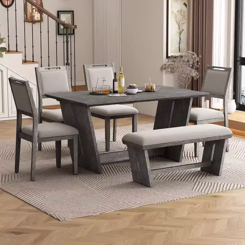 6-Piece Wooden Dining Set: Rectangular Table with 4 Upholstered Chairs and 1 Bench
