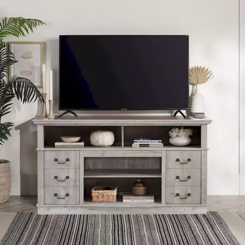 60-Inch Retro TV Stand Entertainment Center with 2 Cabinets and Open Shelves - Dimensions: 60W x 15.75D x 34.25H