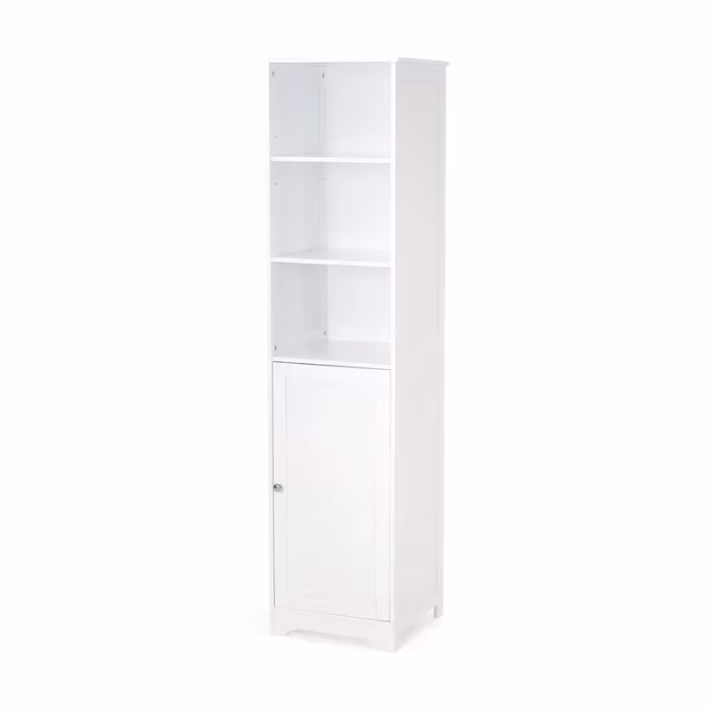 63-Inch White Freestanding Bathroom Linen Cabinet with Adjustable Shelves and Single Door