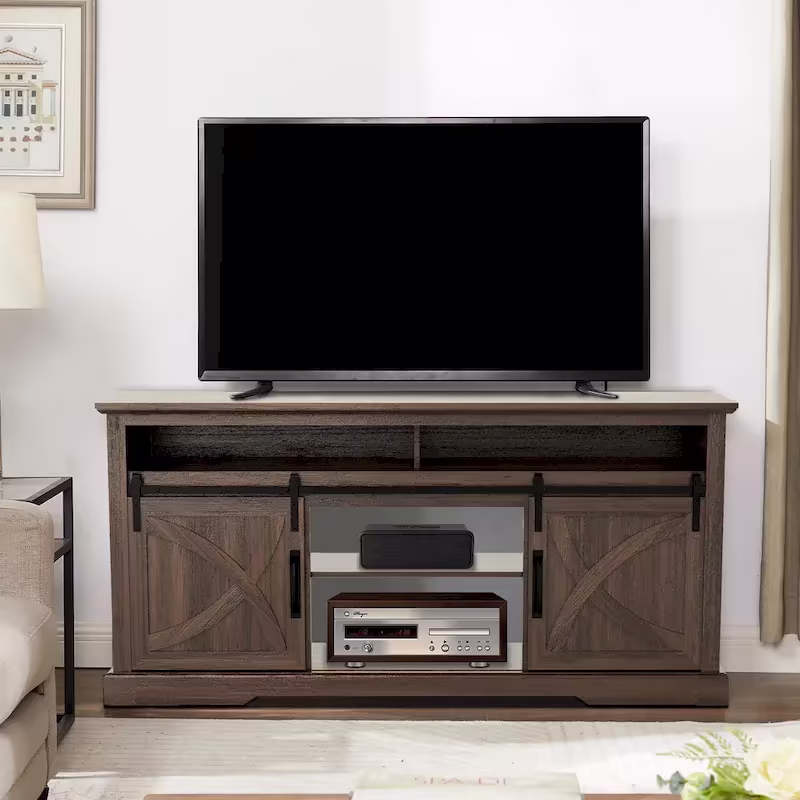 68-Inch Walnut Sliding Barn Door TV Stand Console with Open Storage Compartment