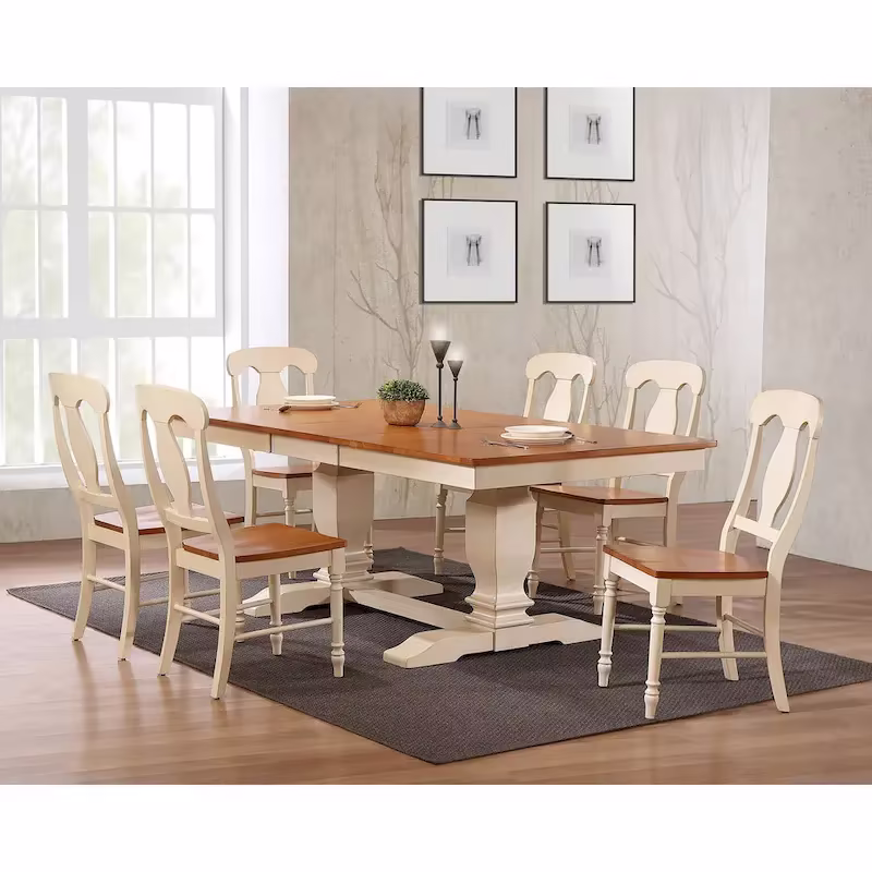 7-Piece Transitional Dining Set with Double Pedestal and Antiqued Caramel/Biscotti Napoleon Back