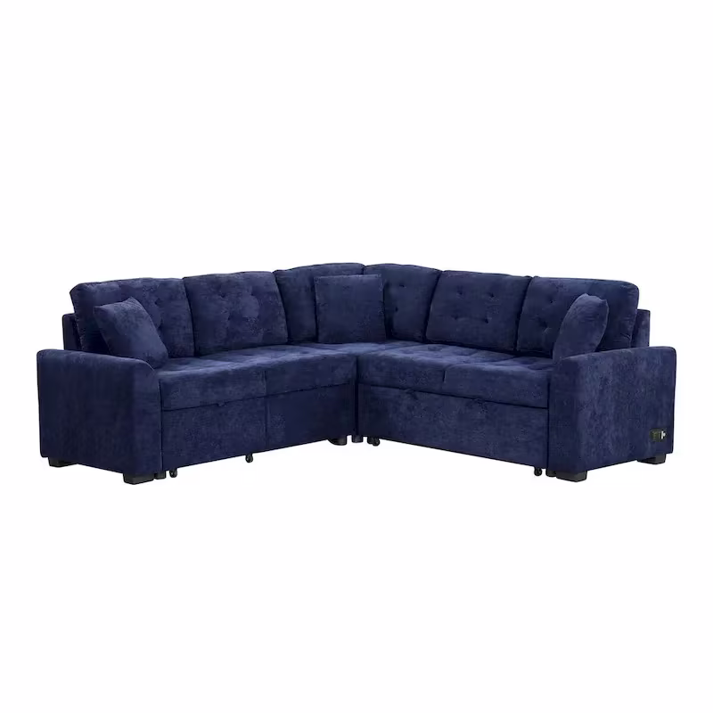 82.6-Inch L-Shaped Sleeper Sofa with Pull-Out Feature, Wheels, USB Ports, and Power Sockets - Dimensions: 82.6W x 82.6D x 33H