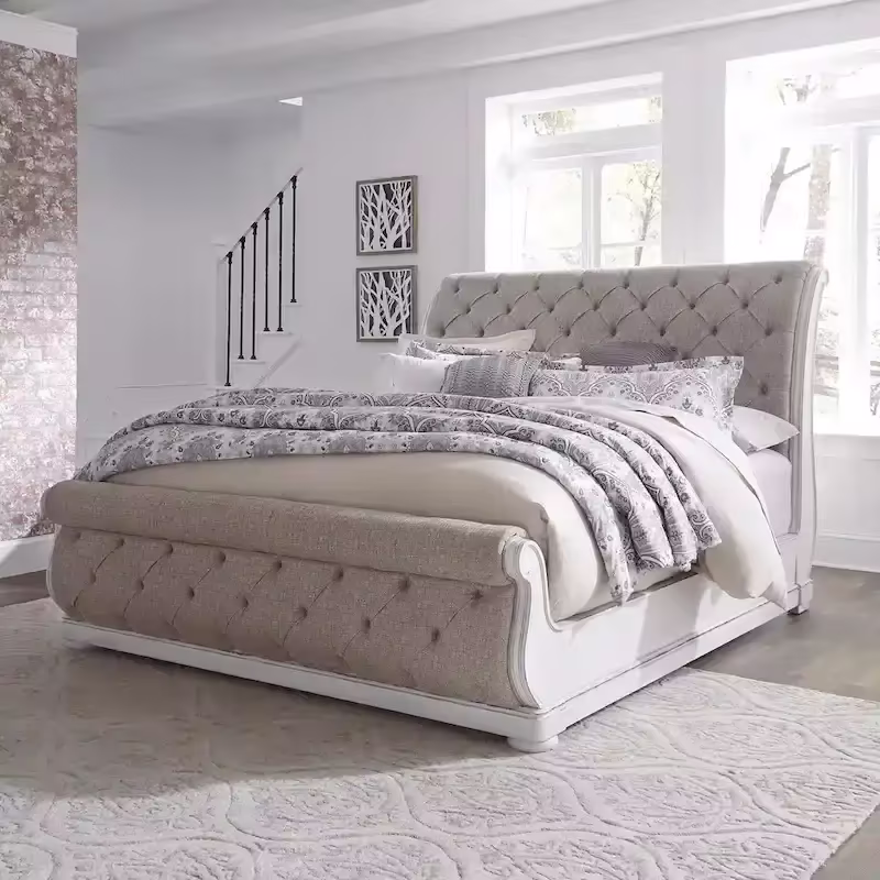 Antique White King Sleigh Bed with Upholstered Design from Magnolia Manor