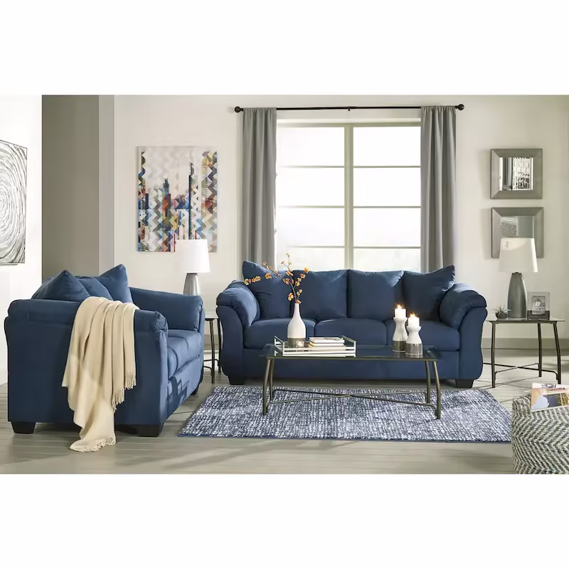 Aruca Navy Blue Microfiber Sofa and Loveseat Set with Pillow Back