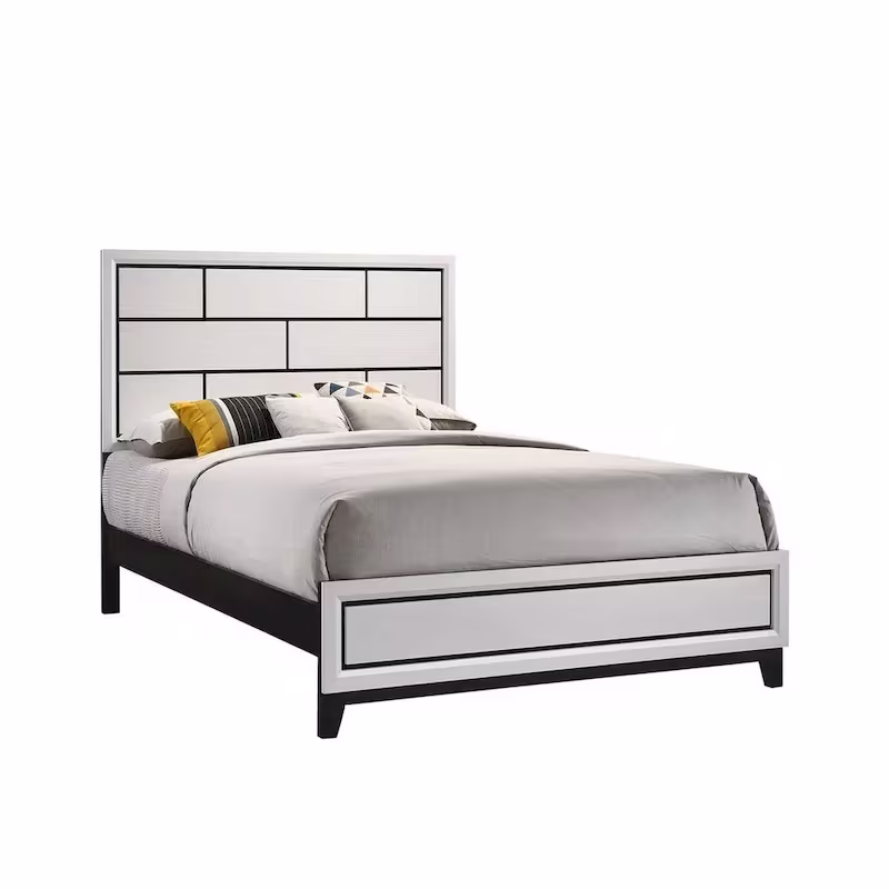 Asir Queen Bed with Geometric Panel Headboard in Modern White Wood Finish
