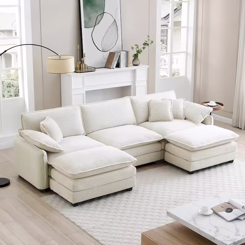 Beige 5-Piece U-Shaped Corduroy Modular Sectional Sofa Set with 2 Ottomans