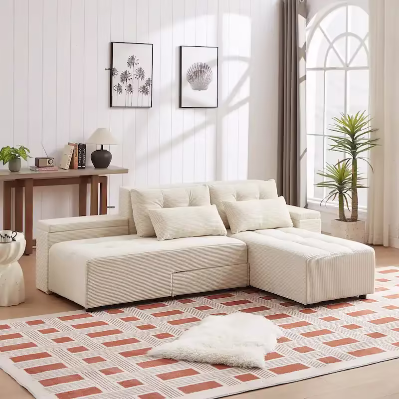 Beige Modular Corduroy Sleeper Sofa and Sectional Set - Versatile 3-in-1 Design