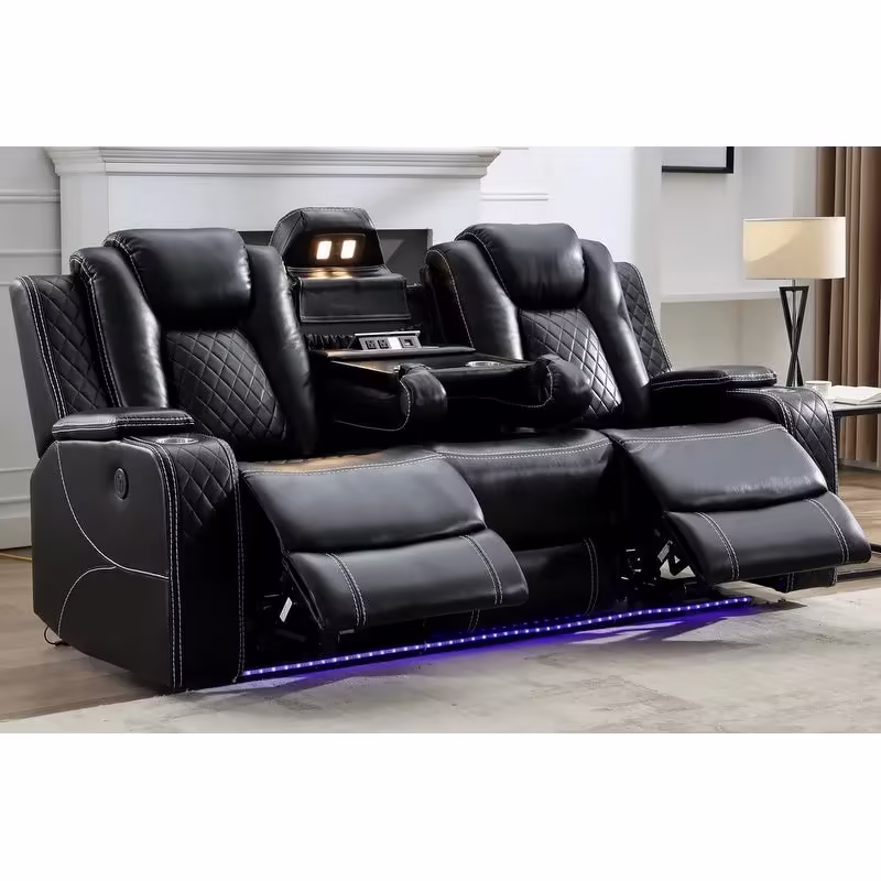 Black Power Reclining Sofa with Wireless Charger, Reading Light, Faux Leather, LED Lighting, AC/USB Ports, and Cup Holder for Living Room
