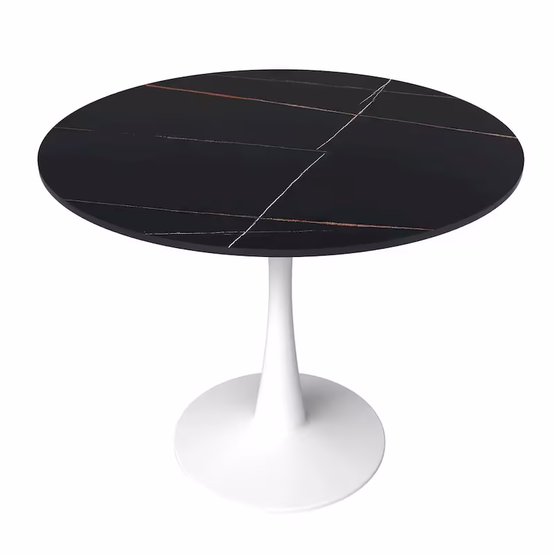 Bristol 35-Inch Round Dining Table for 4 with Sintered Stone Top and White Stainless Steel Pedestal Base