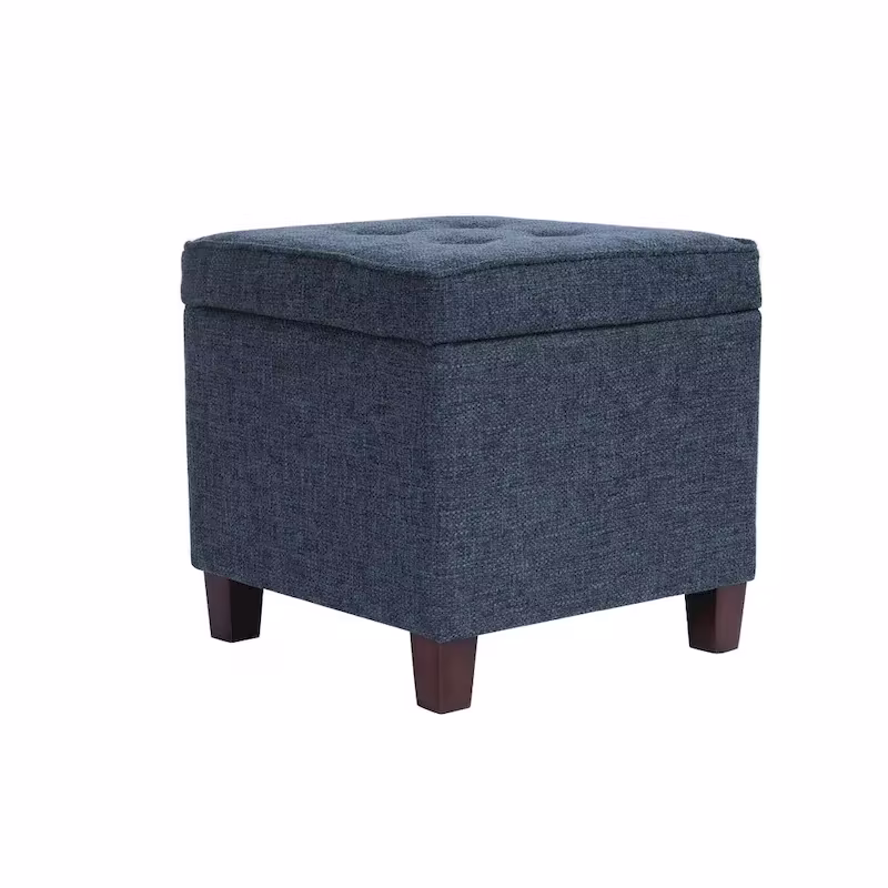 Navy Blue Woven Fabric Storage Ottoman - 18-Inch Square Tray Top