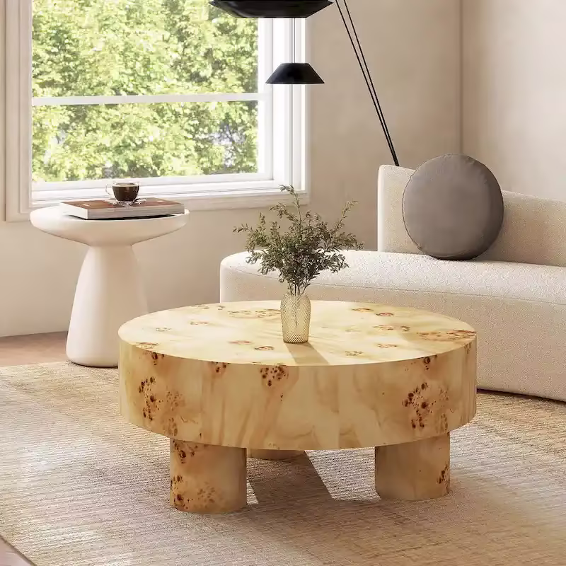 Nebula 35.5-Inch Round Burl Wood Coffee Table with Elegant Pillar Legs