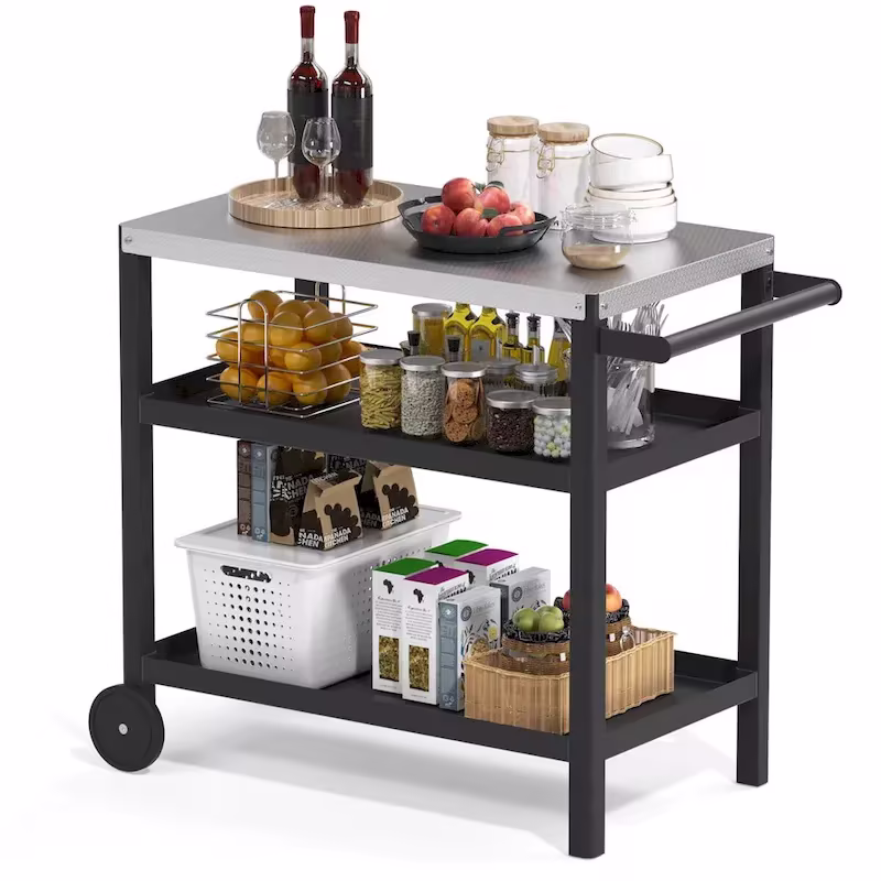 Outdoor Prep Cart with Stainless Steel Top Shelves and Wheels