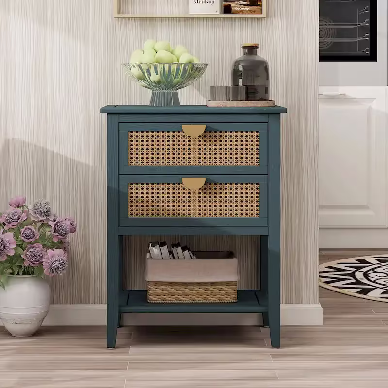 Rattan Nightstands with 2 Drawers and Shelves