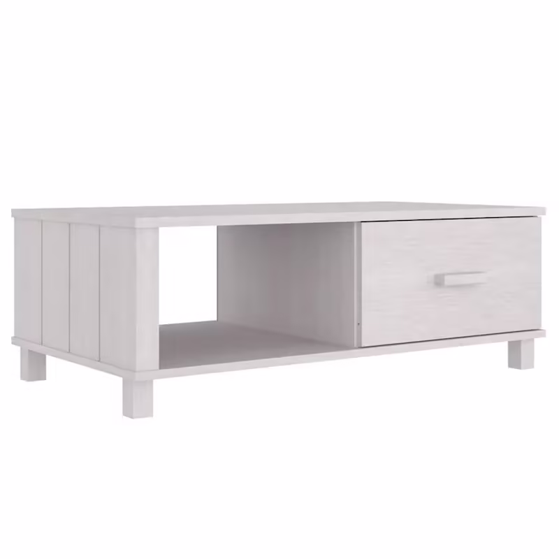 Rectangular White Solid Pine Wood Coffee Table with Storage Drawer