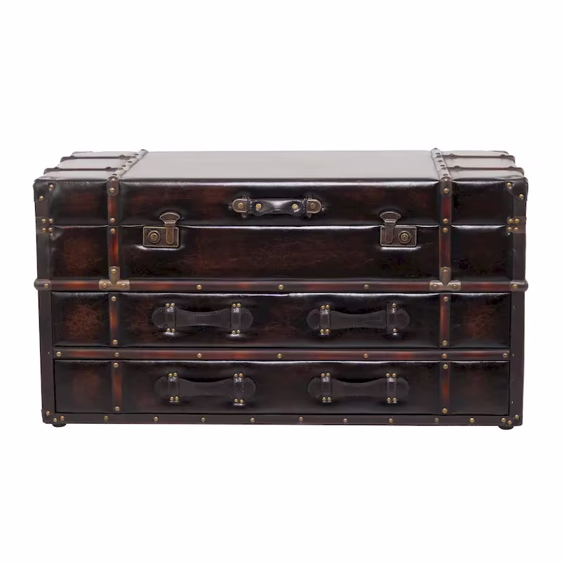 Roche River Decor Faux Leather or Linen Fabric Coffee Table Trunk with 2 Drawers and Buckle Hinged Top - Available in Dark Blue or Brown