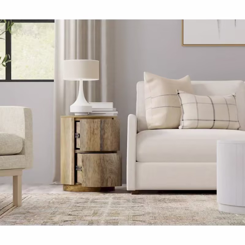 Round Nightstand with 2 Drawers Wooden Bedside Table