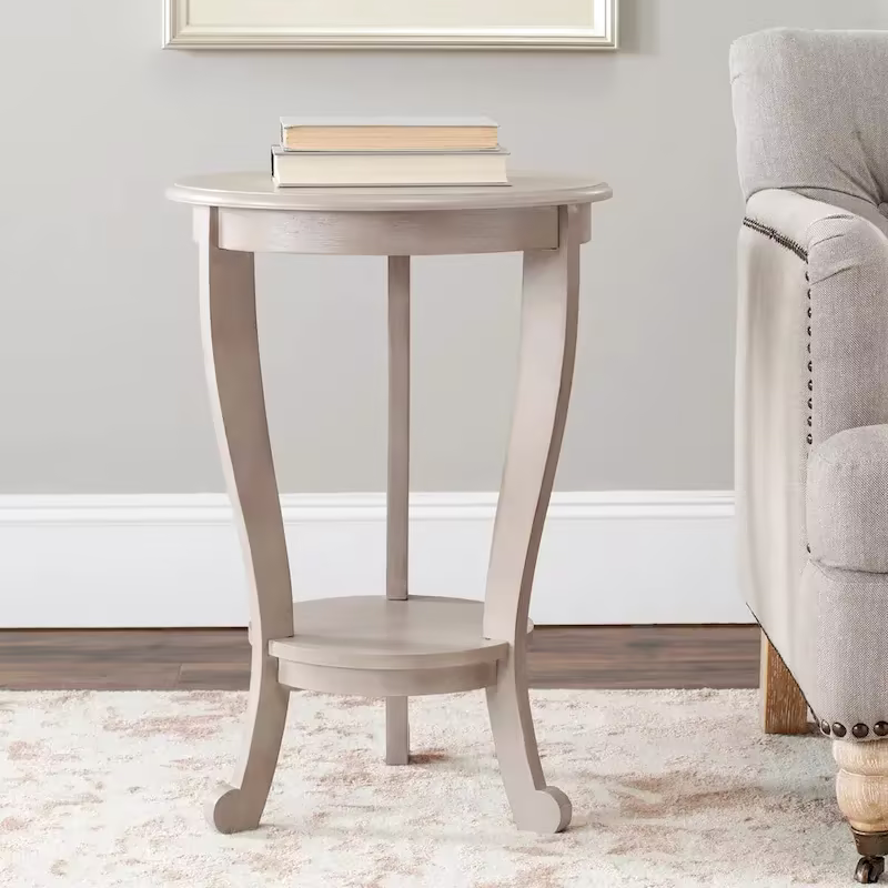 Round Pedestal Side Table with Curved Legs and Lower Shelf