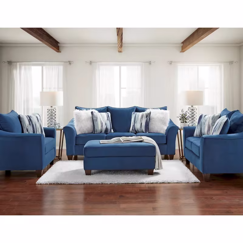 Roundhill Furniture Camero Navy Blue Fabric Pillowback 4-Piece Sofa Set