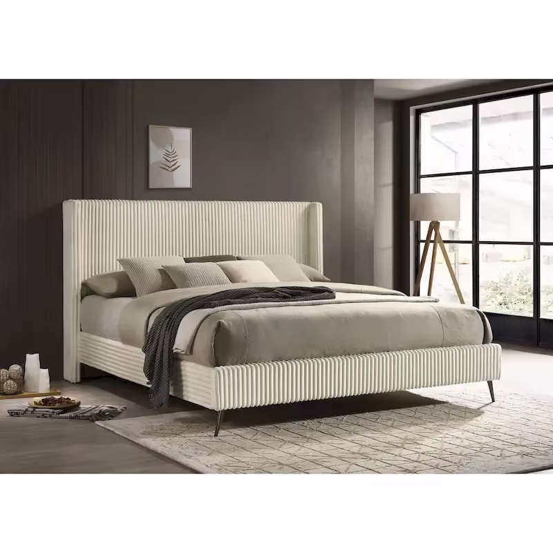 Roundhill Furniture Mavela King Size Panel Bed with Wide Wale Corduroy Upholstery