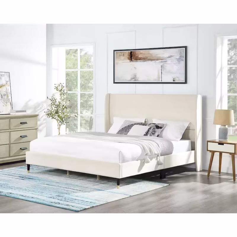 Roundhill Furniture Rozitta Upholstered Wingback Bed with Platform Design