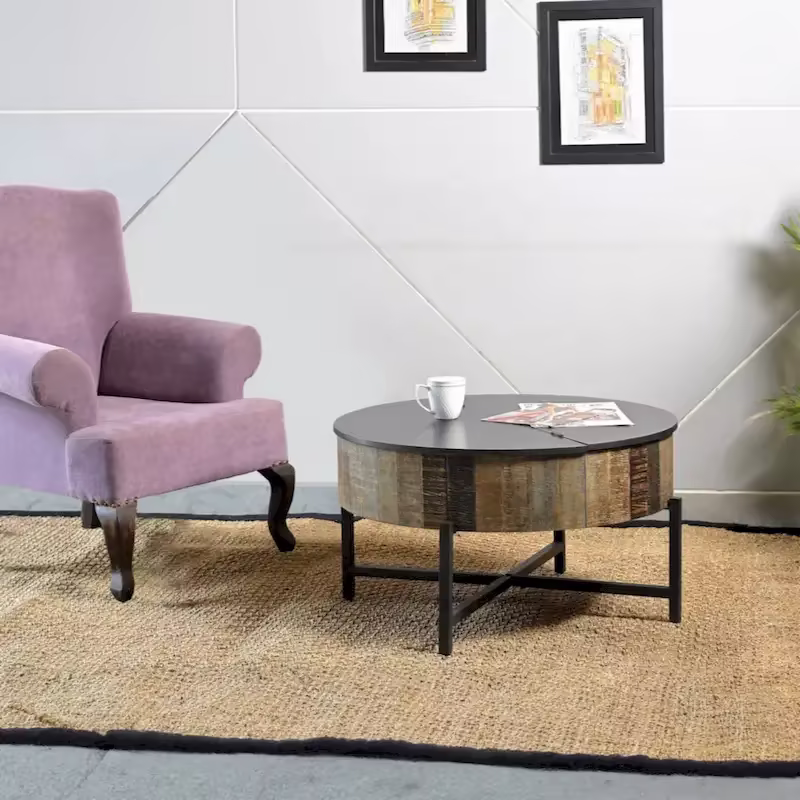 Rustic Vintage Round Coffee Table with Storage