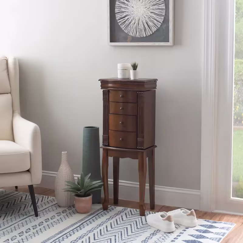 Serena Walnut Jewelry Armoire with Mirrored Finish