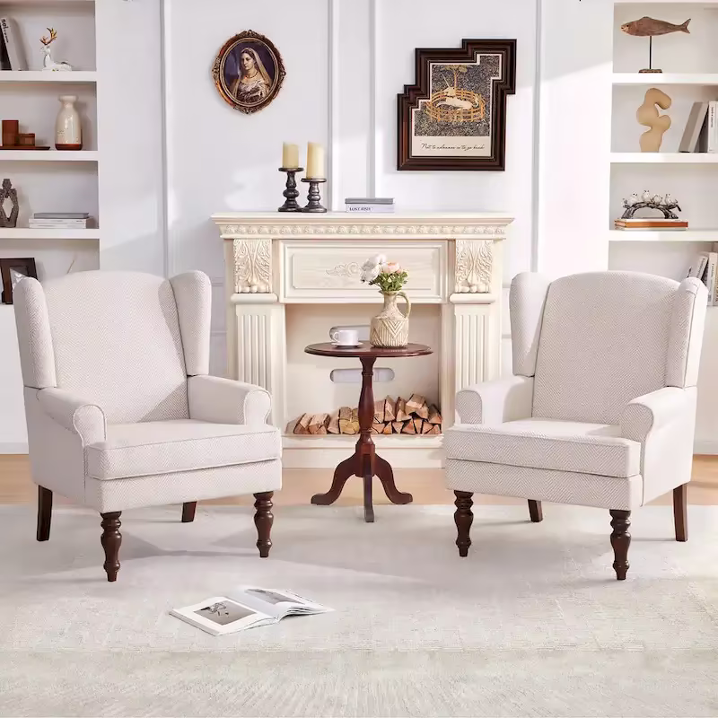 Set of 2 Accent Armchairs with Turned Legs in Blue, Beige, and Grey