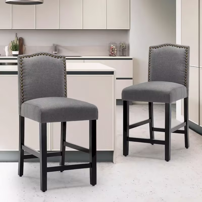 Set of 2 Counter Height Bar Stools with Back - 24-Inch Fabric Upholstered Design and Nailhead Trim