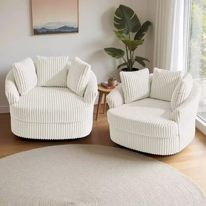 Set of 2 Oversized 43" Plush Corduroy Swivel Barrel Chairs with Cushions