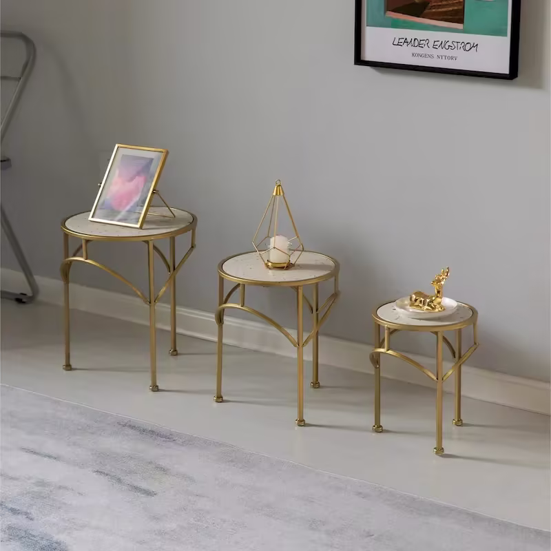 Set of 3 Decorative Gold Metal Round Plant Stands with Modern White Marble Top - Stylish End Side Tables