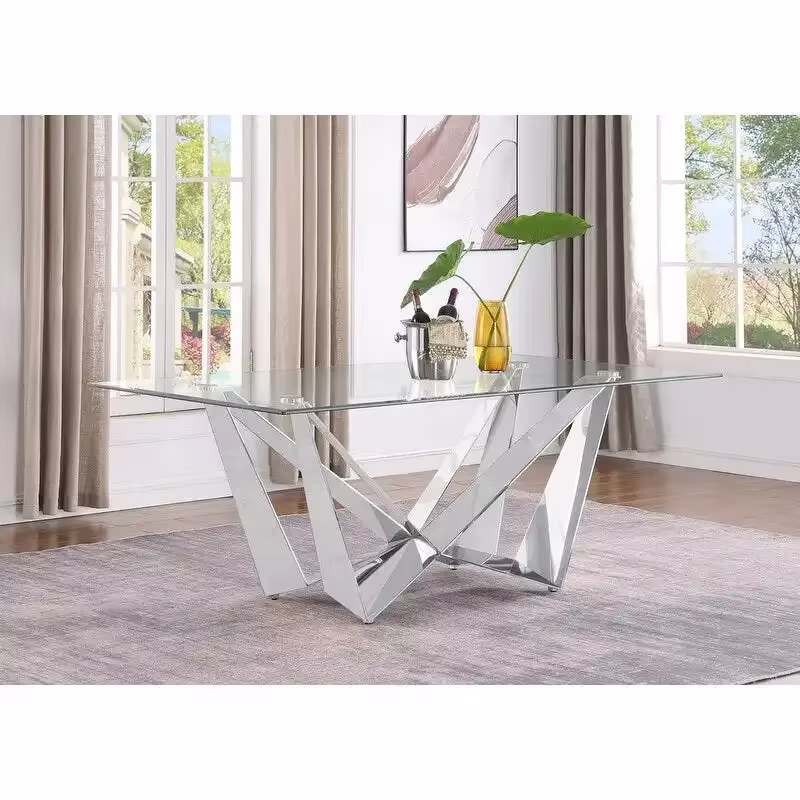 Glass Dining Table with Tempered Top and Stainless Steel Base