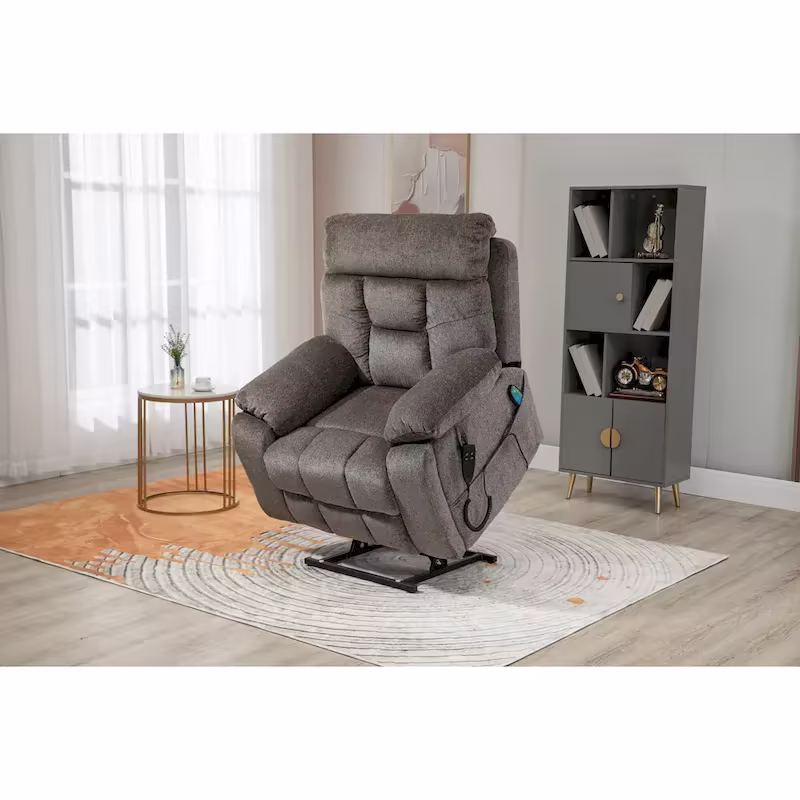 Gray Chenille Power Lift Recliner with Massage and Concealed Cup Holder