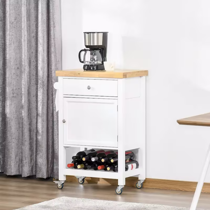 HOMCOM Rolling Kitchen Cart - Versatile Kitchen Island with Smooth Rubberwood Top and Narrow Butcher Block Surface on Wheels