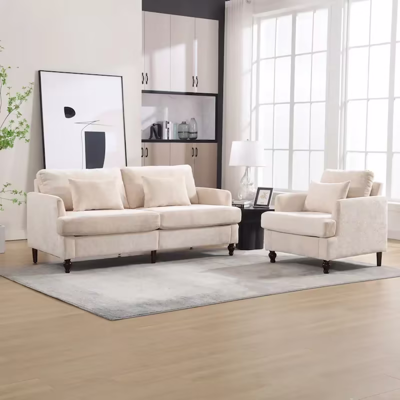 HOMEFUN Chenille Upholstered Loveseat and Armchair Set with Wooden Frame for Living Room